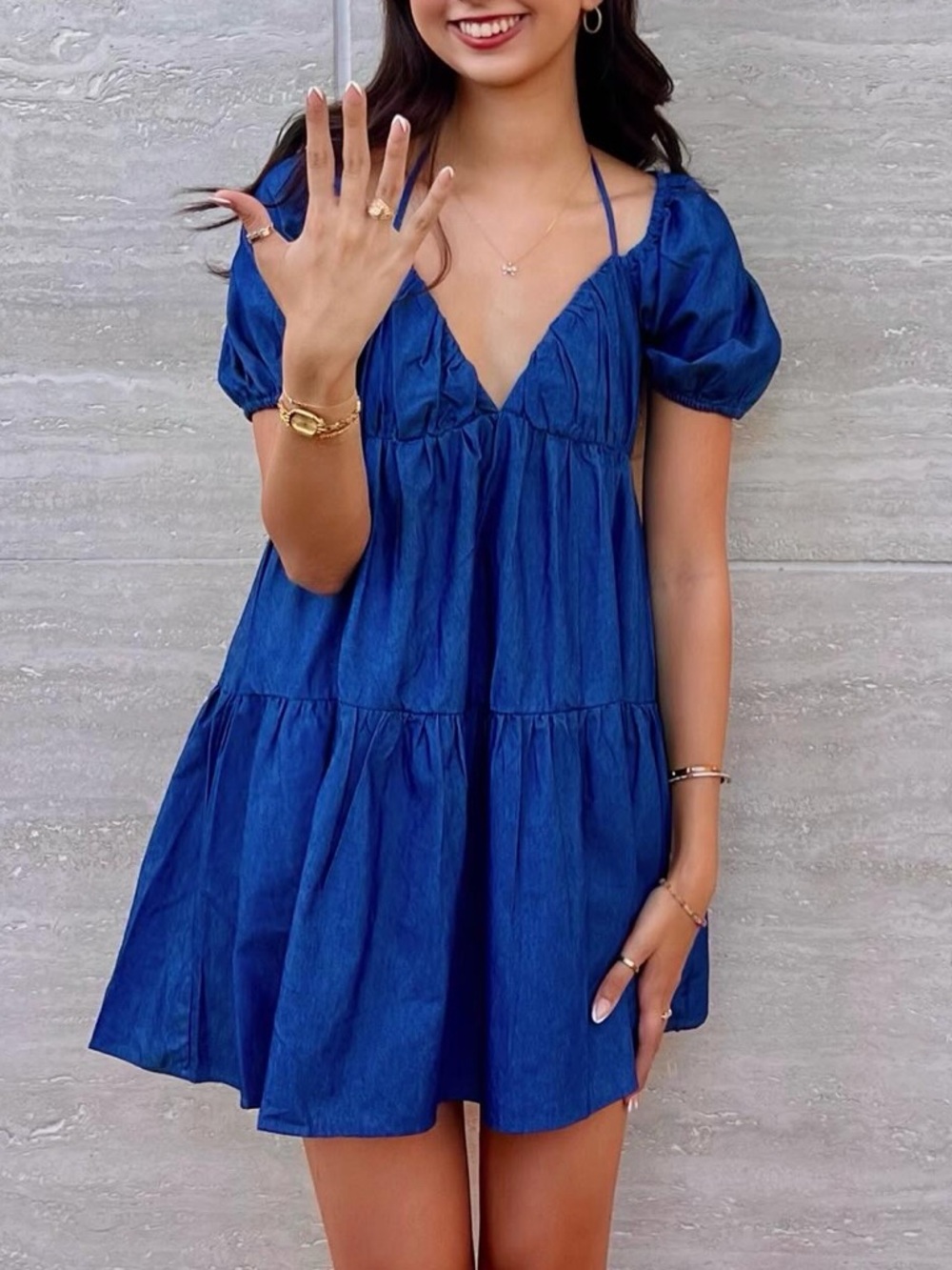 Blue Puff-Sleeve Mini Dress